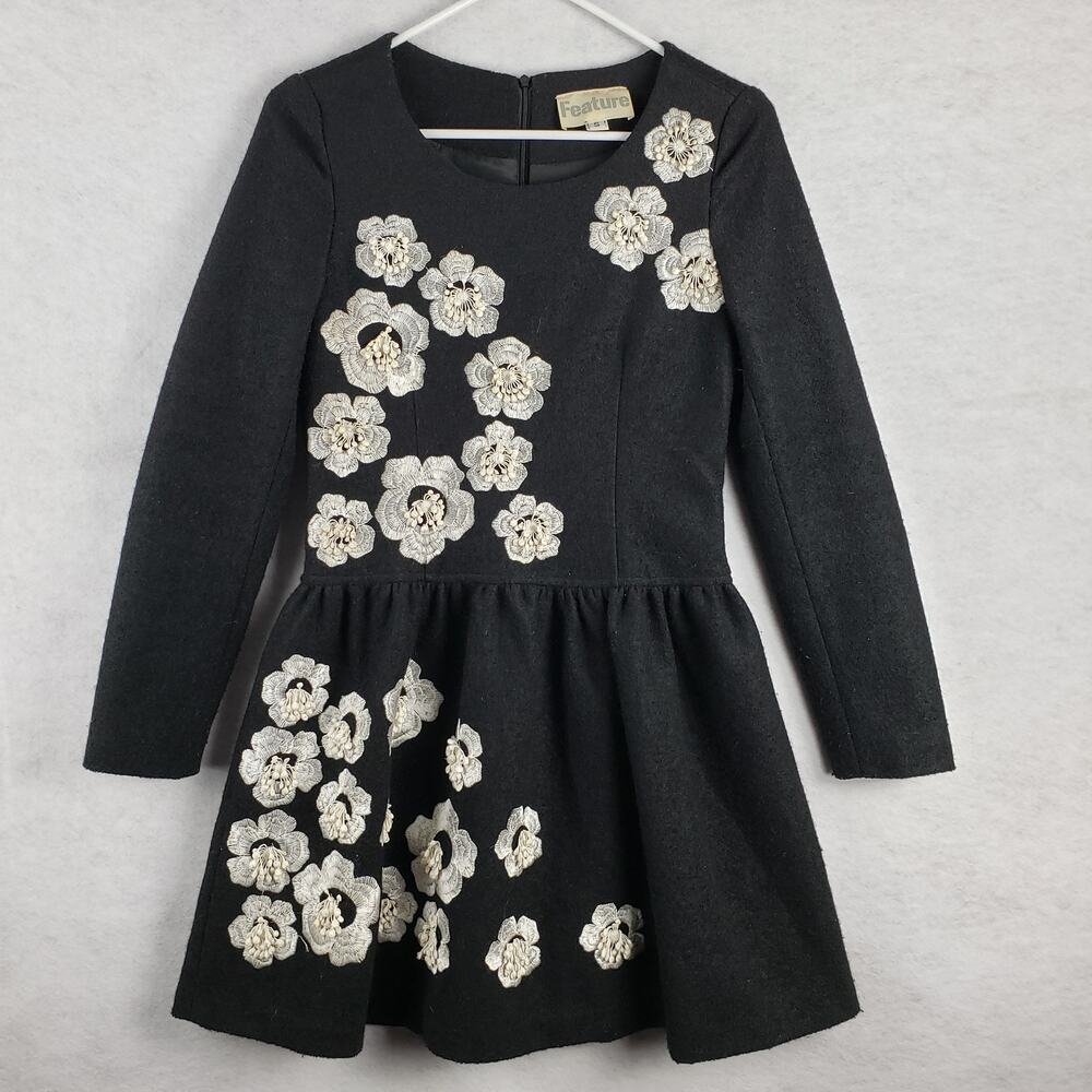 Vintage Feature Womens S Fit & Flare Wool Mini Dress Black Floral Applique Retro